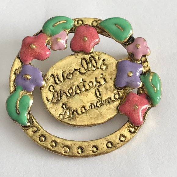 Vintage Grandmother Flower Circle Brooch Pin Gold Tone Grandma Mothers Day Gift - Picture 7 of 9